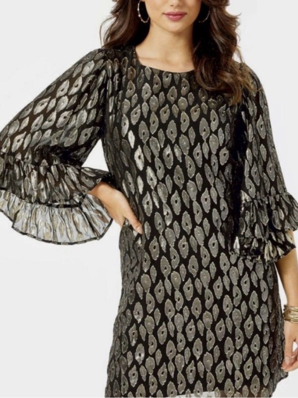 Lilly Pulitzer Black Dress with Metallic leopard Pattern and Ruffle Sleeves